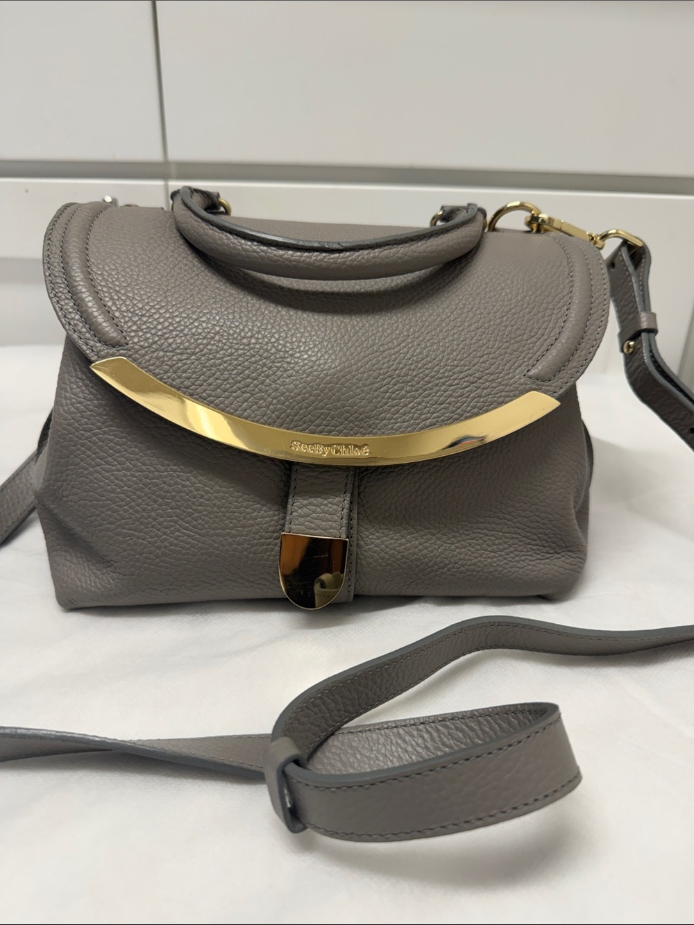See By Chloe Gray Pebbled Leather Top-Handle Satchel with Gold Hardware